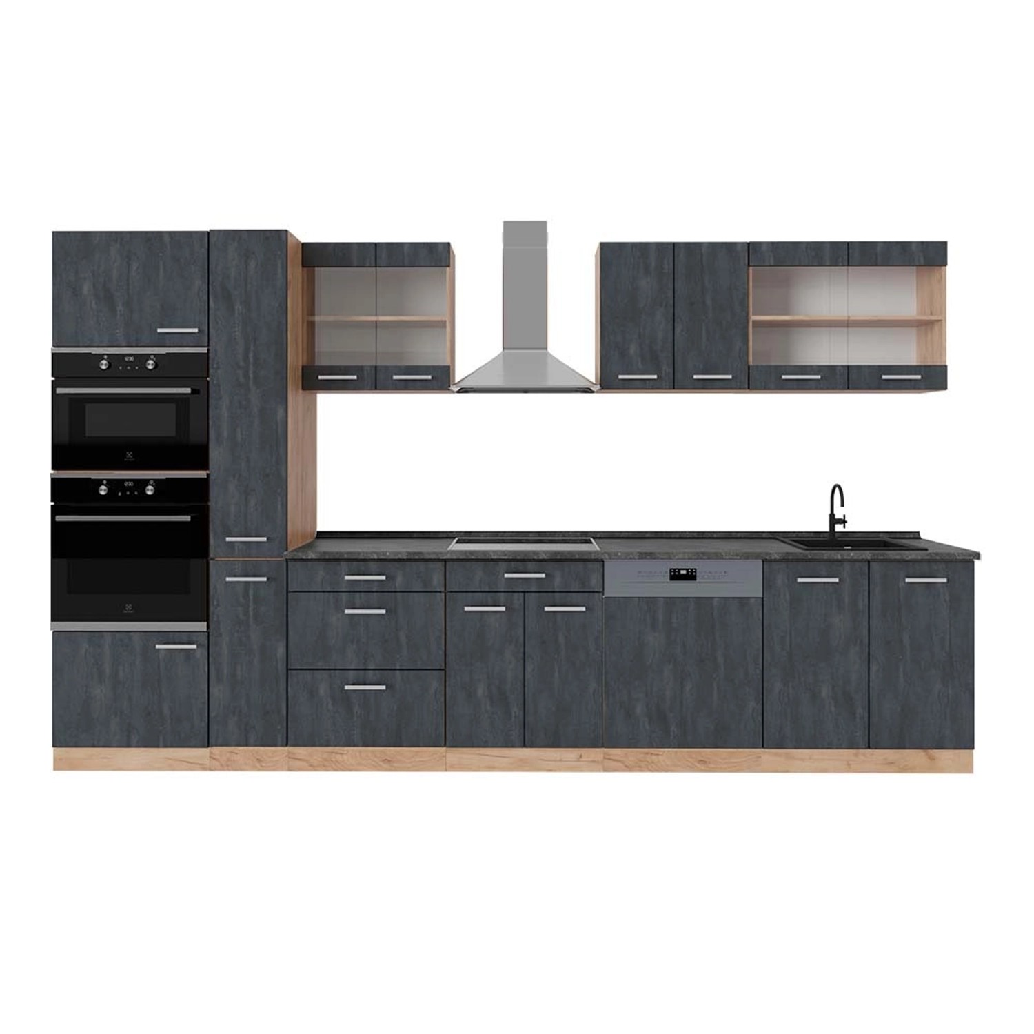 Vicco R-Line Komplettküche Schwarz Beton/Goldkraft Eiche 350 cm AP Anthrazi günstig online kaufen