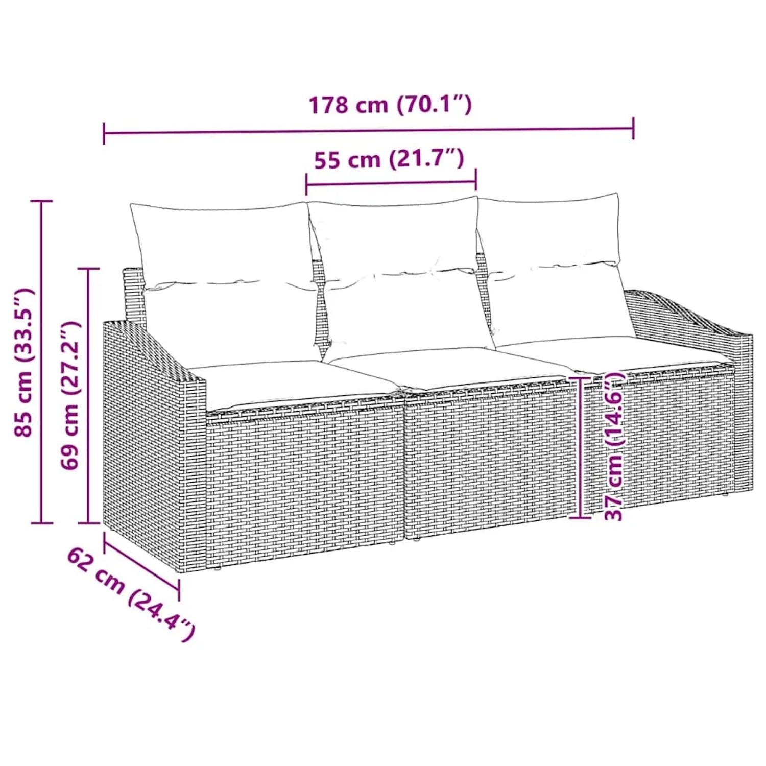 Braunes 3-tlg. vidaXL Garten-Sofa-Set aus Poly Rattan mit Maßangaben.