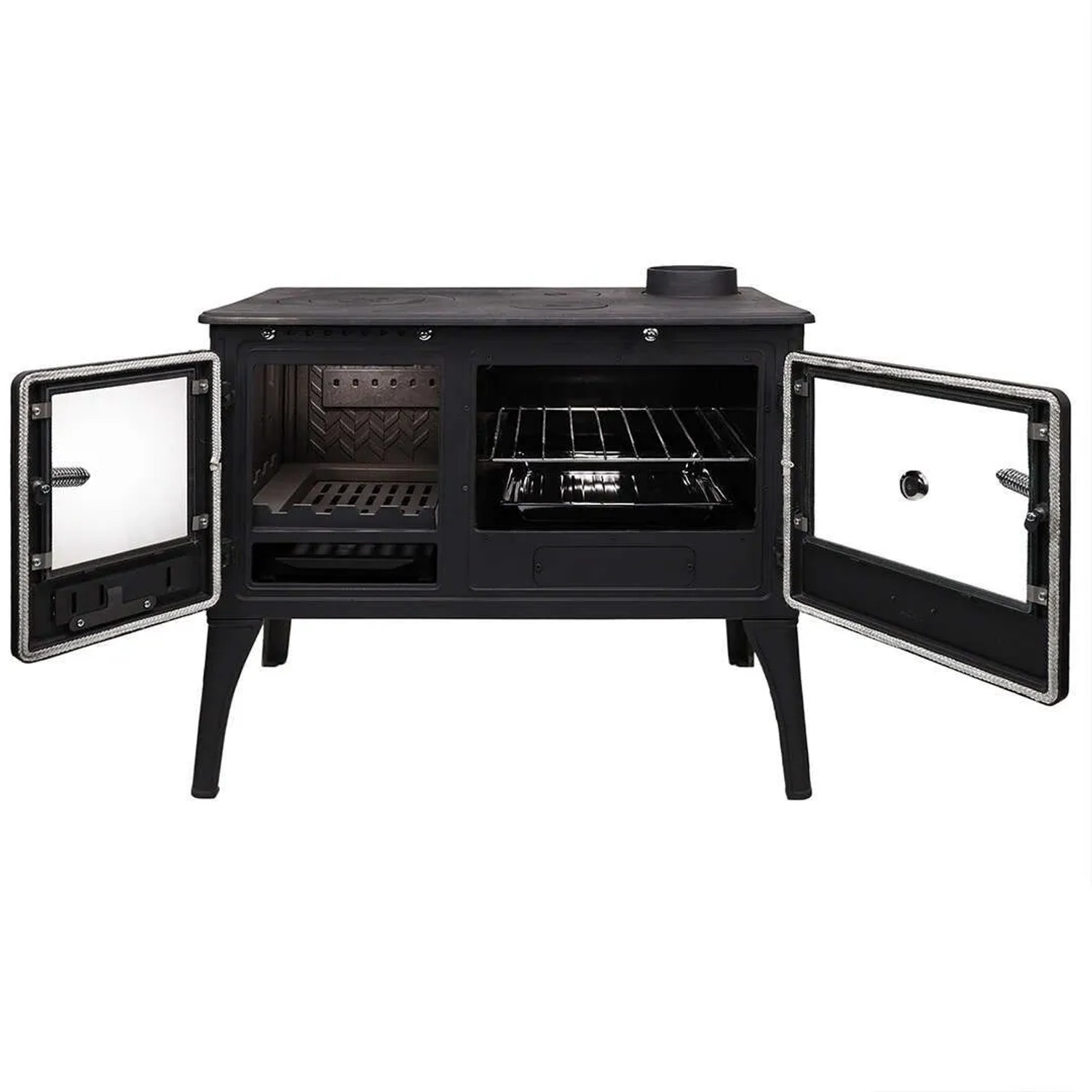 Schwarzer 365 Küchenofen Cook Lite mit geöffneten Türen, 8,5 kW Leistung.