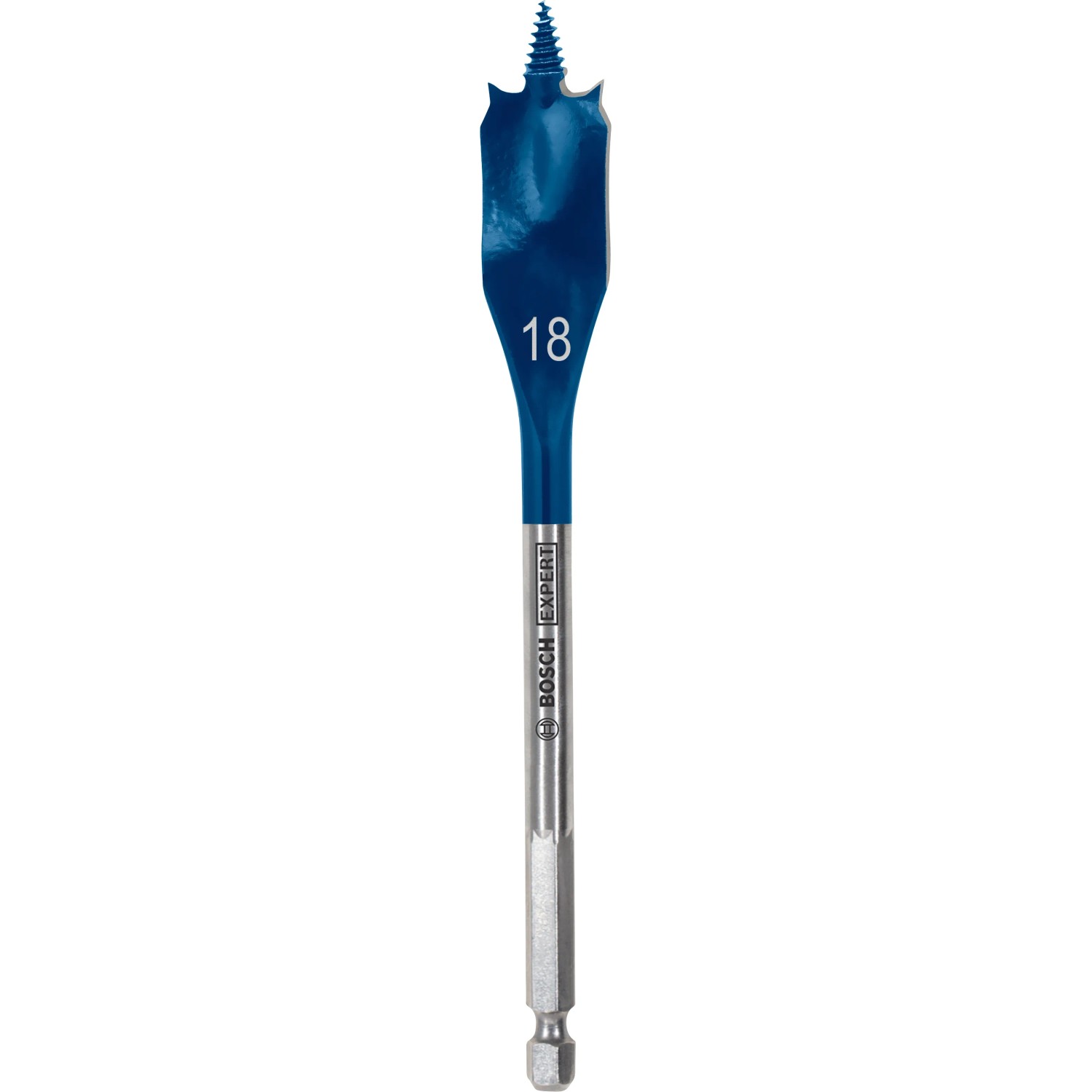 Bosch Expert Selfcut Flachfräsbohrer, Ø 18 mm, für Holz. Blauer Bohrkopf mit Zentrierspitze.