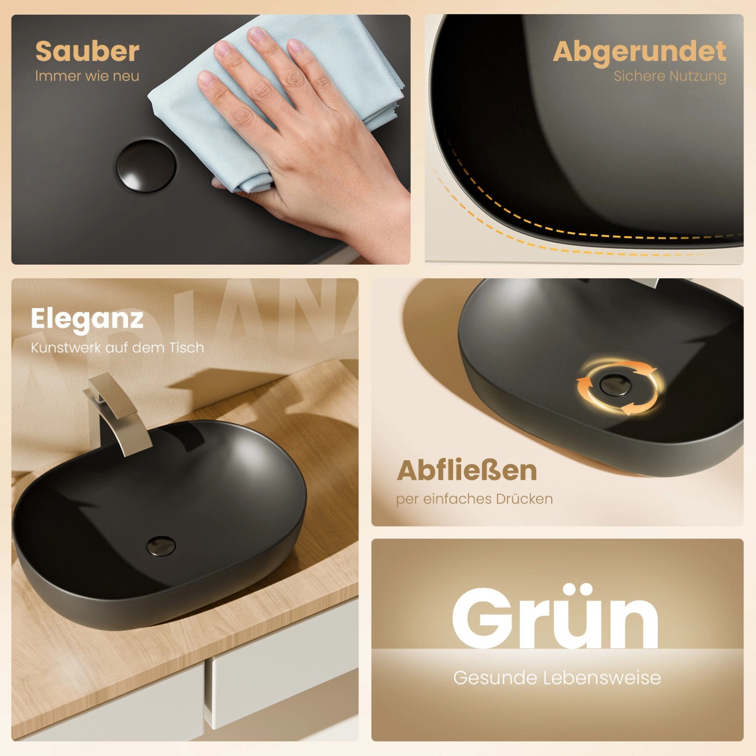 Emke Aufsatzwaschbecken, mattschwarz, abgerundet rechteckig. Keramikwaschbecken für Bad und WC.