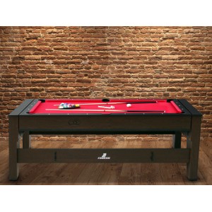 Spieltisch Reverso: Pooltisch und Airhockeytisch in einem mit Zubehör und rotem Tuch.
