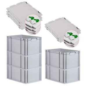 PROREGAL Spar Set: 5 graue Euroboxen mit Scharnierdeckel und grünen Verschlüssen, 65 Liter.