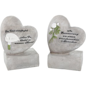 FlowerPower Gedenkstein Herz mit Blumen, grauer Grabschmuck aus Kunststein.