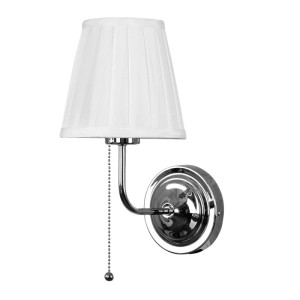 Elegante Arte Lamp Wandleuchte Marriot aus Chrom-Metall mit weißem plissierten Stoffschirm und Zugschalter.