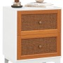 Weißer Nachttisch mit 2 Schubladen, Rattanfronten und goldenen Griffen. Moderner Nachtschrank mit stabilen Beinen.