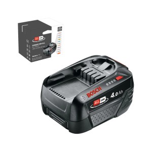 Schwarzer Bosch 18V 4Ah Ersatzakku für Elektrowerkzeuge, mit rotem Logo und Power For All Verpackung.