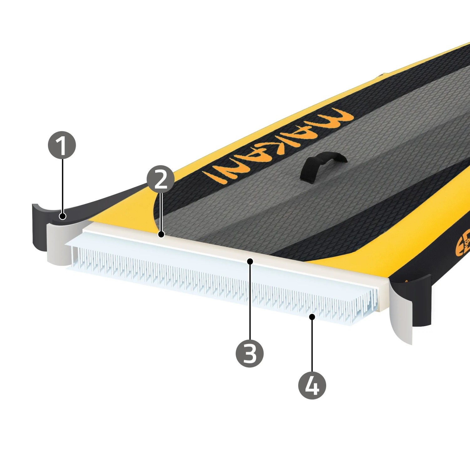Detailaufnahme: Gelbes ECD Germany Stand Up Paddle Board Makani, Querschnitt mit Materialdetails.