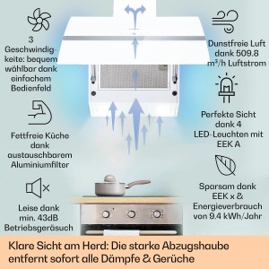 Weiße Klarstein Clara 60 Dunstabzugshaube aus Glas über Herd. Zeigt Luftstrom, LED-Licht, Touch-Bedienung. Elegant & leistungsstark.