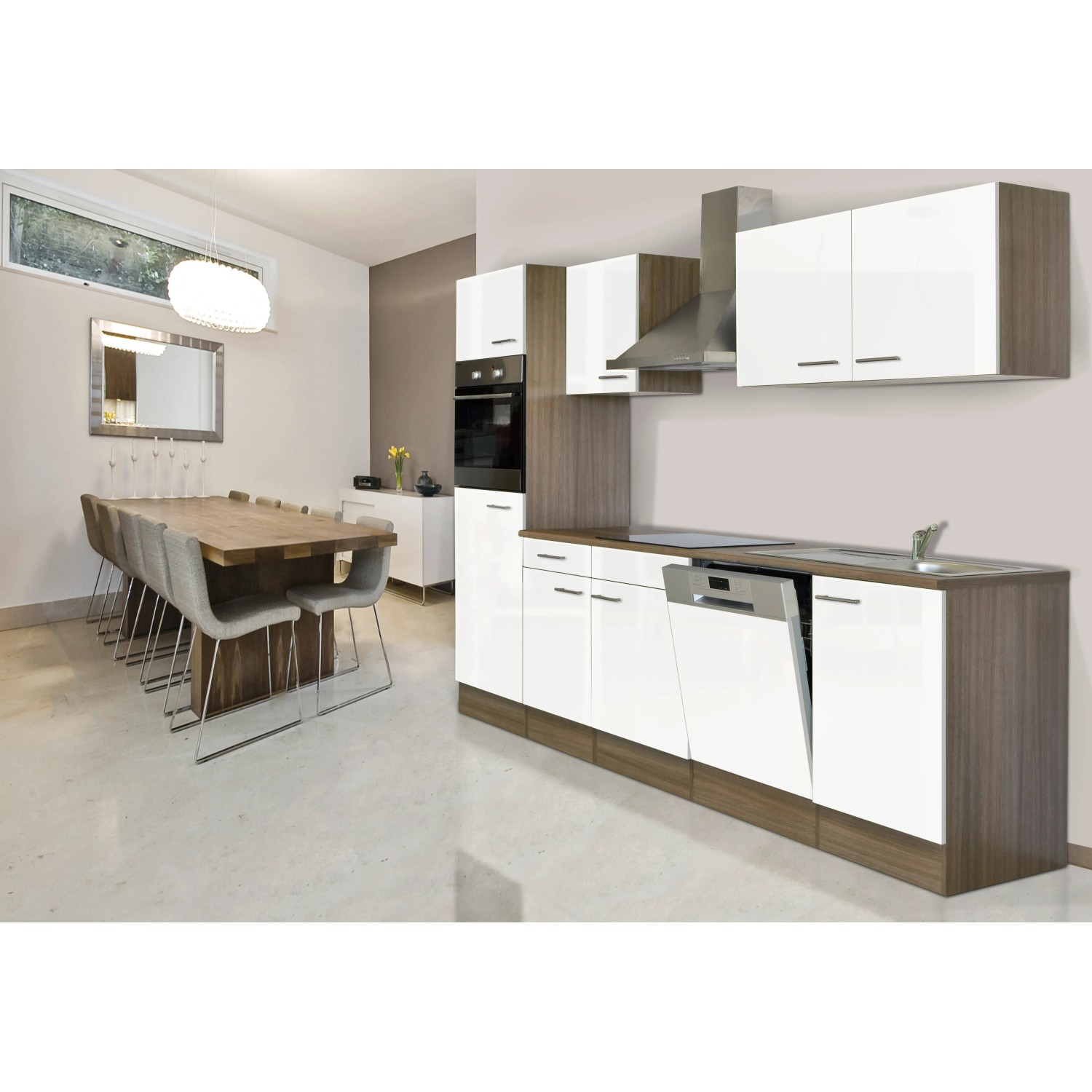 Respekta Küchenzeile KB280EYW, 280 cm, Weiß Seidenglanz/Eiche York Nachbildung, mit E-Geräten.