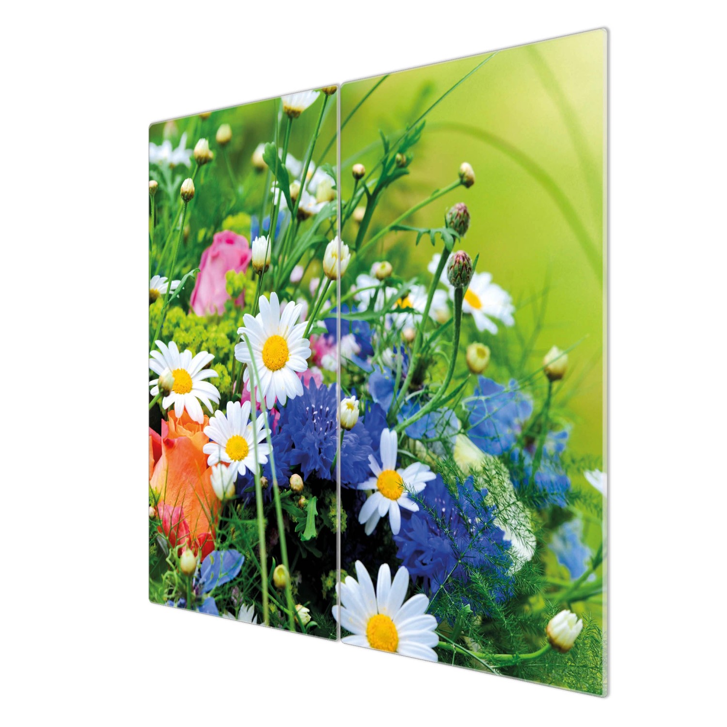 Banjado 2-teilige Herdabdeckplatte aus Glas mit Blumenstrauß-Motiv, je 30x52 cm.