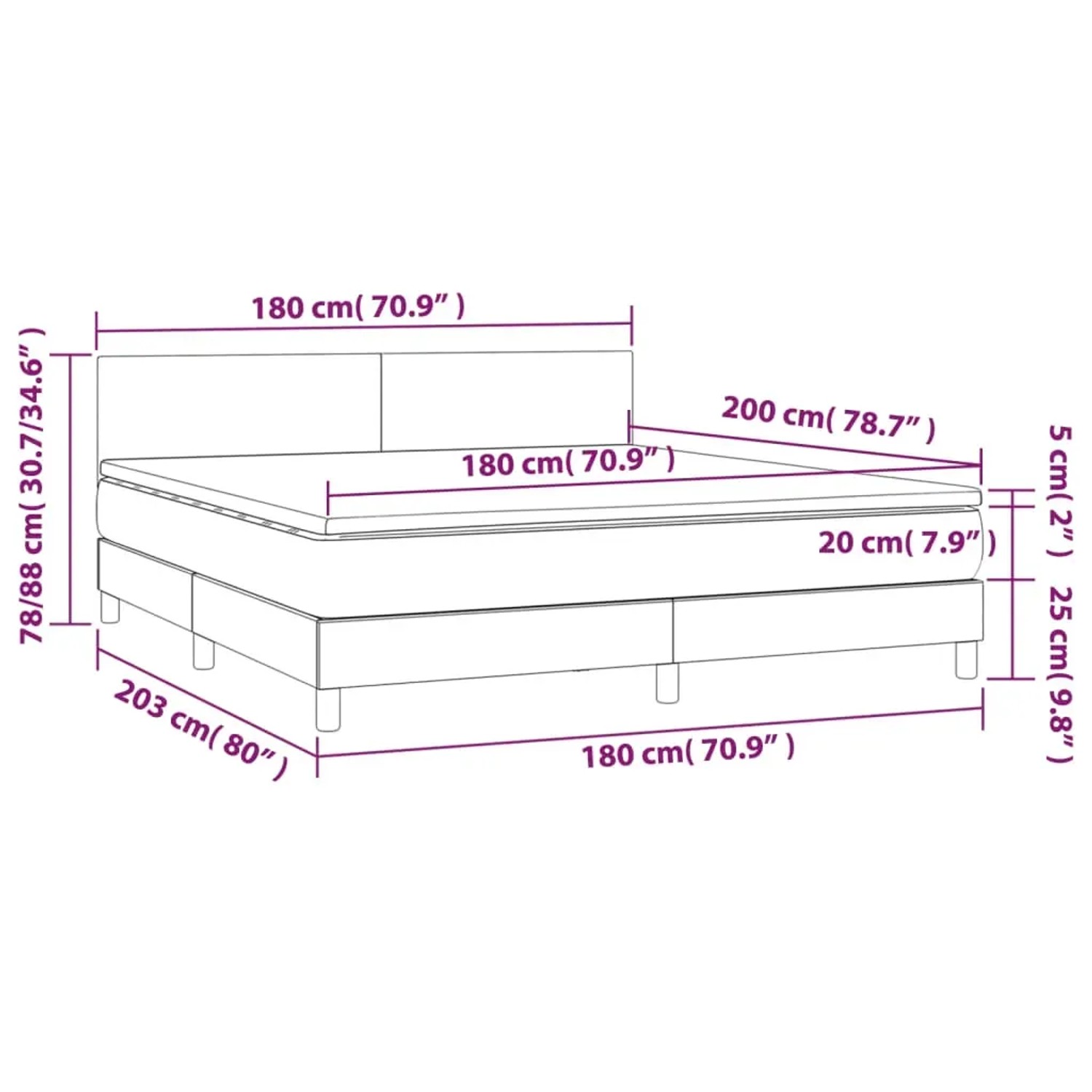 vidaXL Boxspringbett dunkelgrau, 180x200 cm mit Matratze und Kopfteil. Bett für Schlafzimmer.