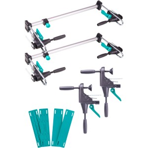 Wolfcraft Türfutter-Montageset Pro, 8-teilig, mit 2 Türfutterstreben, 2 Richtzwingen und Montagekeilen.