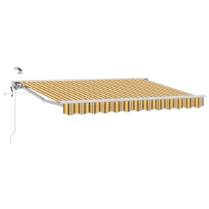 Elektrische Ausziehbare Markise 2,5x2m, gelb, grau, weiß gestreift. Robuster Sonnenschutz für Terrasse & Balkon.
