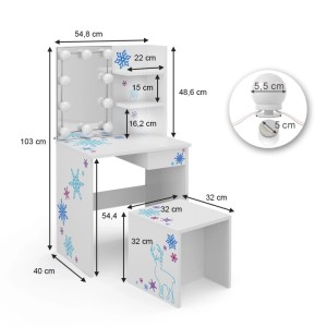 Weißer Kinder-Schminktisch „Schneeflocke“ mit LED und Hocker. Ideal für kleine Prinzessinnen.