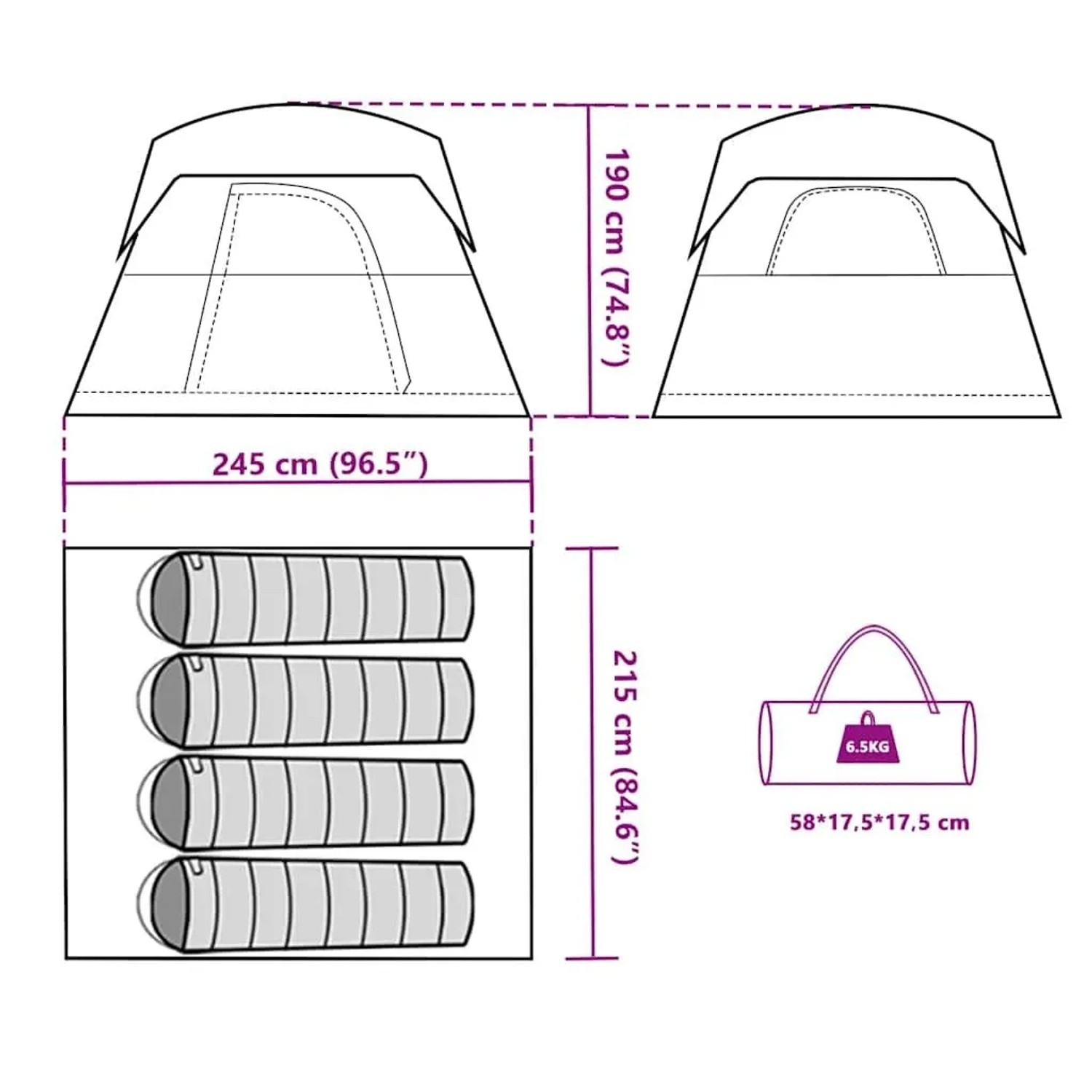 vidaXL Campingzelt 4 Personen: Maße 245x215x190 cm, Innenraum für 4 Schlafsäcke, Packmaß 58x17,5x17,5 cm. Camping Zubehör.