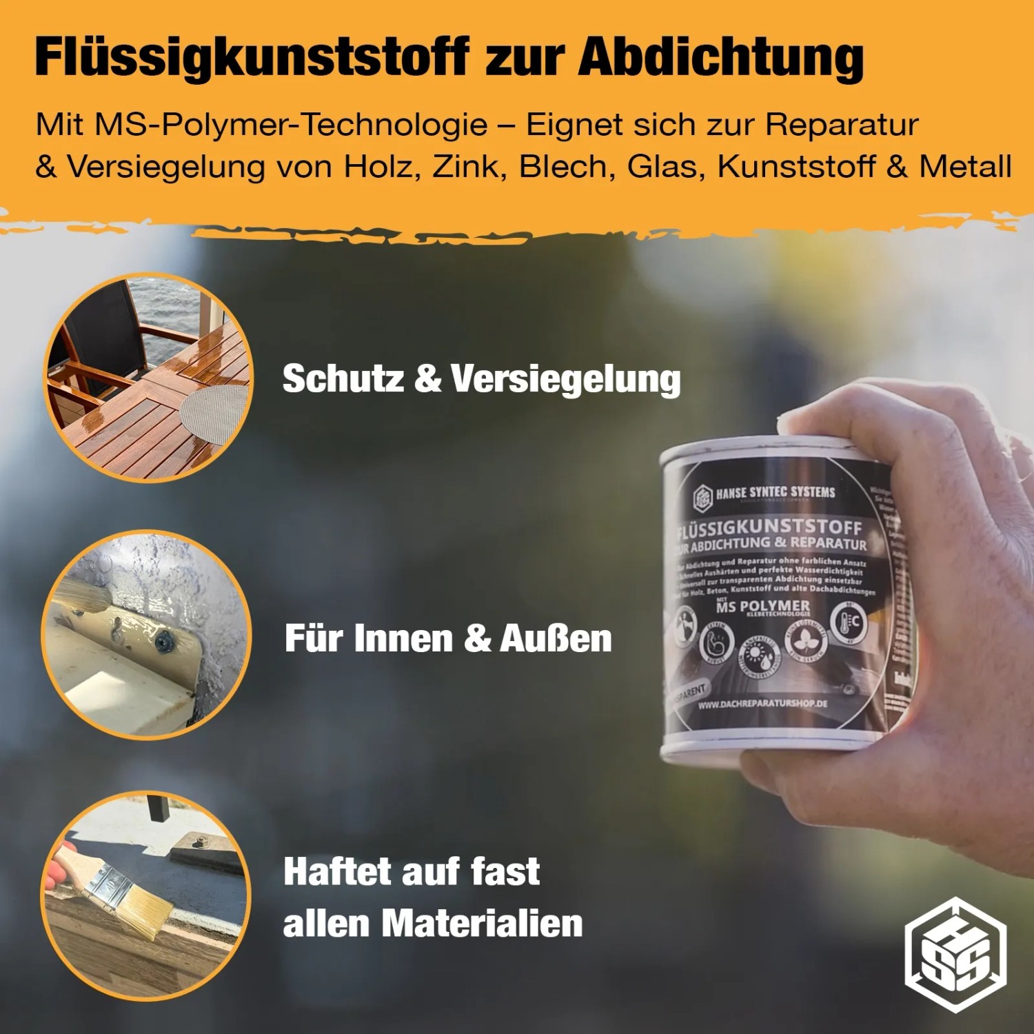 HSS Flüssigkunststoff Transparent 800g Dose für Bauabdichtungen, vielseitig einsetzbar.