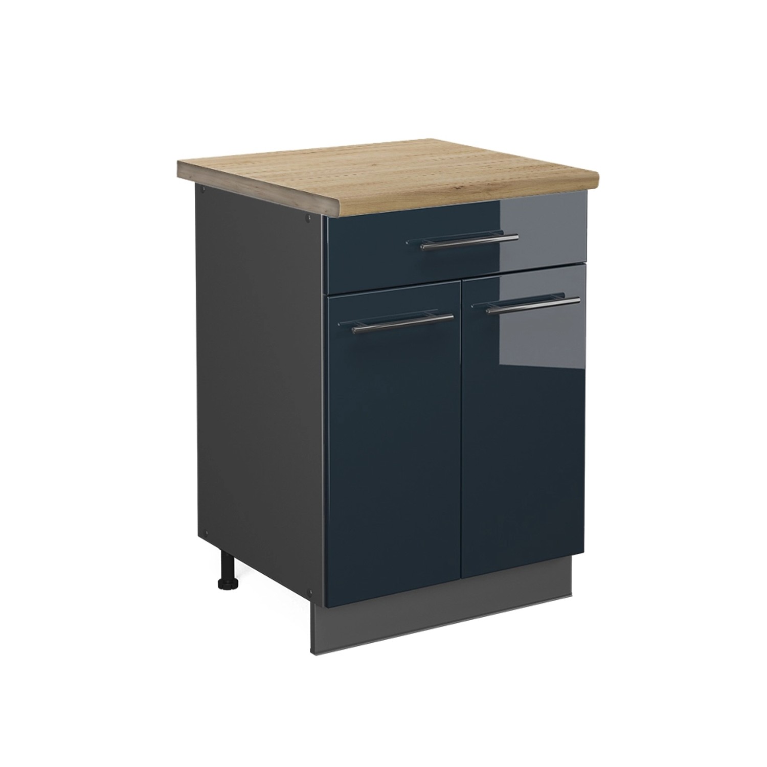 Vicco Küchenunterschrank Fame-Line Dunkelblau Hochglanz/Anthrazit 60 cm mit Schublade AP Eiche