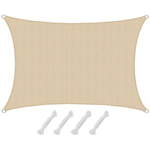 Beiges, viereckiges AMANKA Sonnensegel (1x2m) aus HDPE, mit Seilen zur Befestigung.