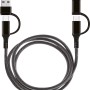 Schwarzes 4-in-1 USB Lade- und Datenkabel mit USB-A, USB-C & Lightning Anschluss.