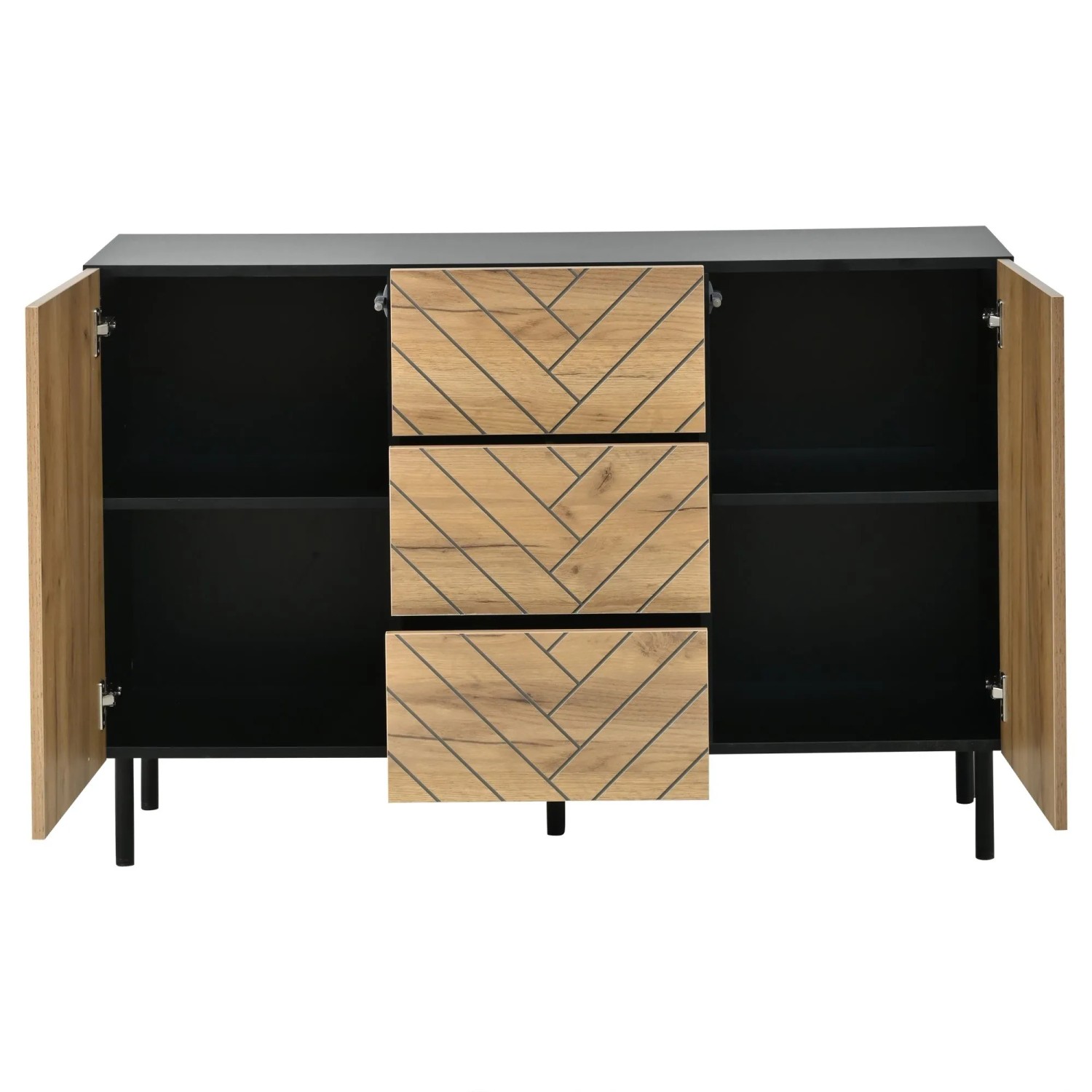 Modernes Sideboard 120x76 cm mit 3 Holzoptik-Schubladen (geometrisches Muster) und 2 offenen schwarzen Schranktüren. Stauraum.