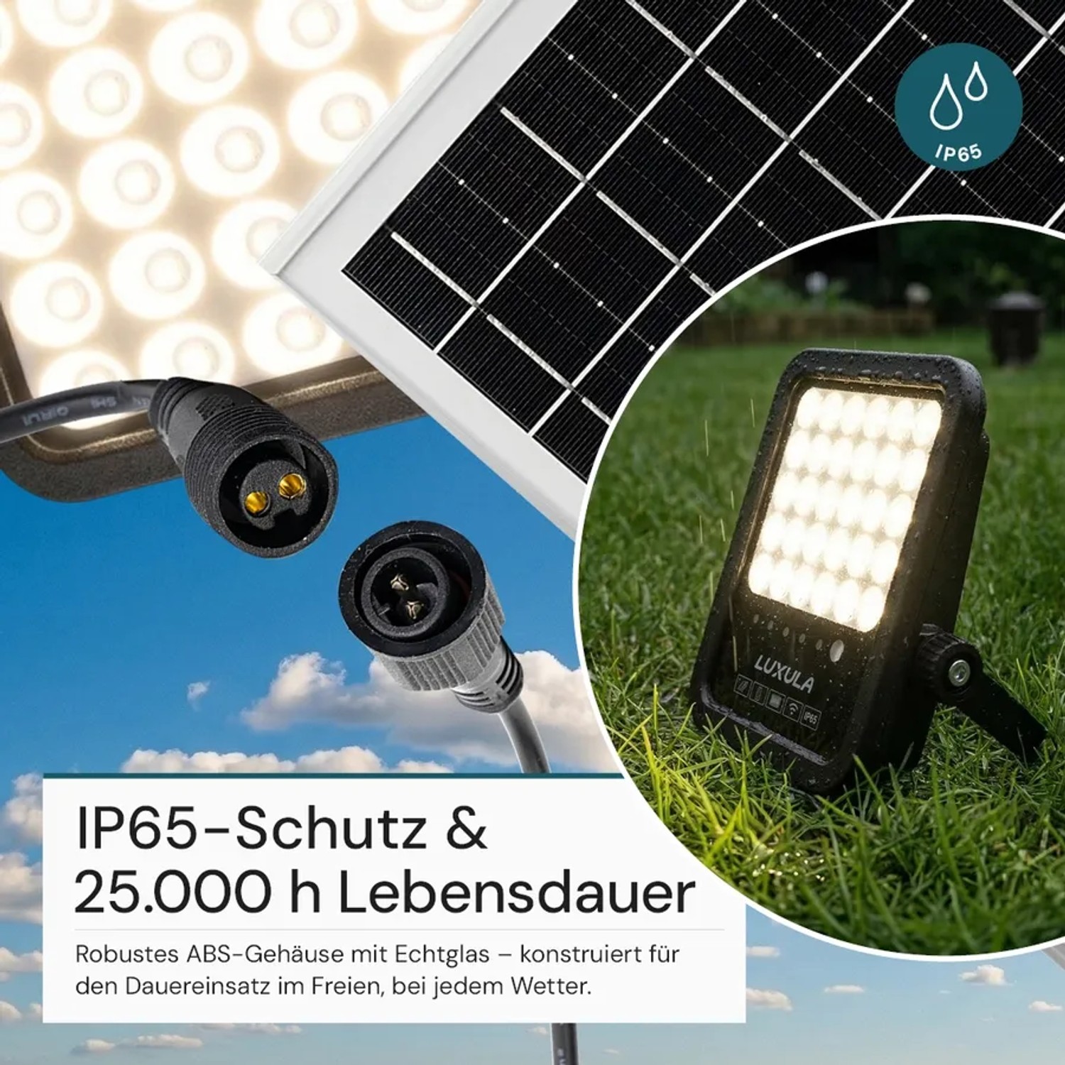 LUXULA LED Solarstrahler, 1100lm, kaltweiß, mit Solarpanel und Anschlusskabel für Garten und Außenbereiche.