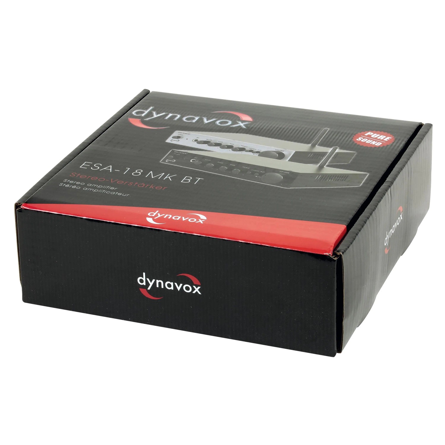 Verpackung des silbernen Dynavox ESA-18 MK BT Verstärkers mit Bluetooth und Karaokefunktion.