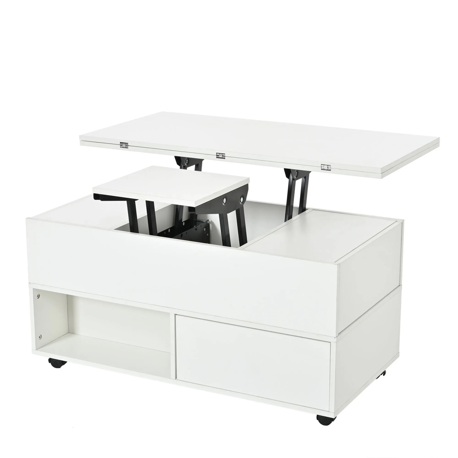 ModernLuxe Couchtisch Höhenverstellbar mit 4 Rollen 4 Schubladen Spanplatte Weiß