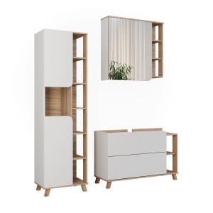 Vicco Badmöbel-Set Karen, 3-teilig in Sonoma/Weiß: Hochschrank, Spiegelschrank, Waschbeckenunterschrank.