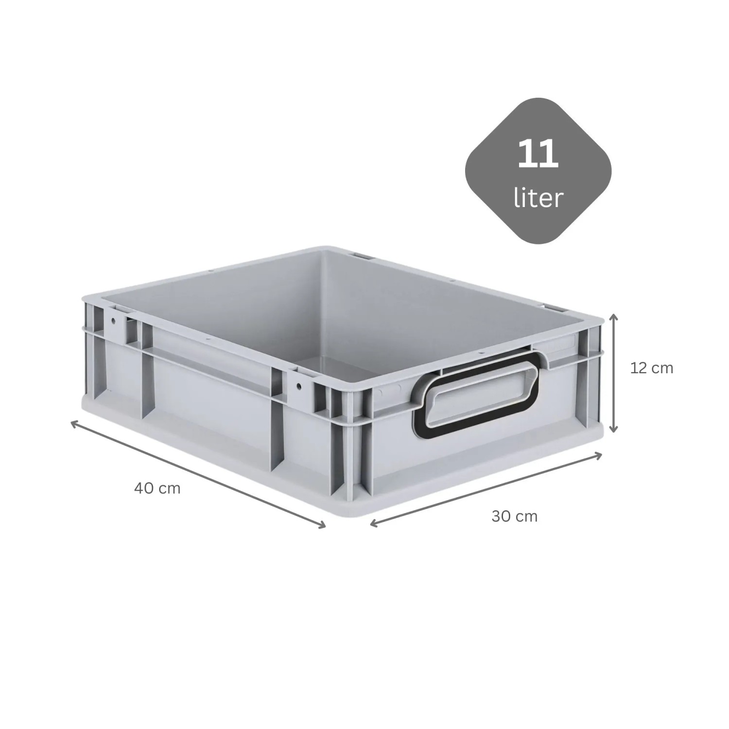 Graue PROREGAL Eurobox mit Scharnierdeckel, 11 Liter, Griffe schwarz, 30x40x12cm. Aufbewahrungsbox.