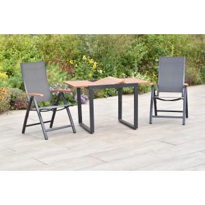 Merxx Toblino 3-tlg. Gartenmöbel-Set mit 2 Klappsesseln und ausziehbarem Tisch aus Akazie und grauem Textil.
