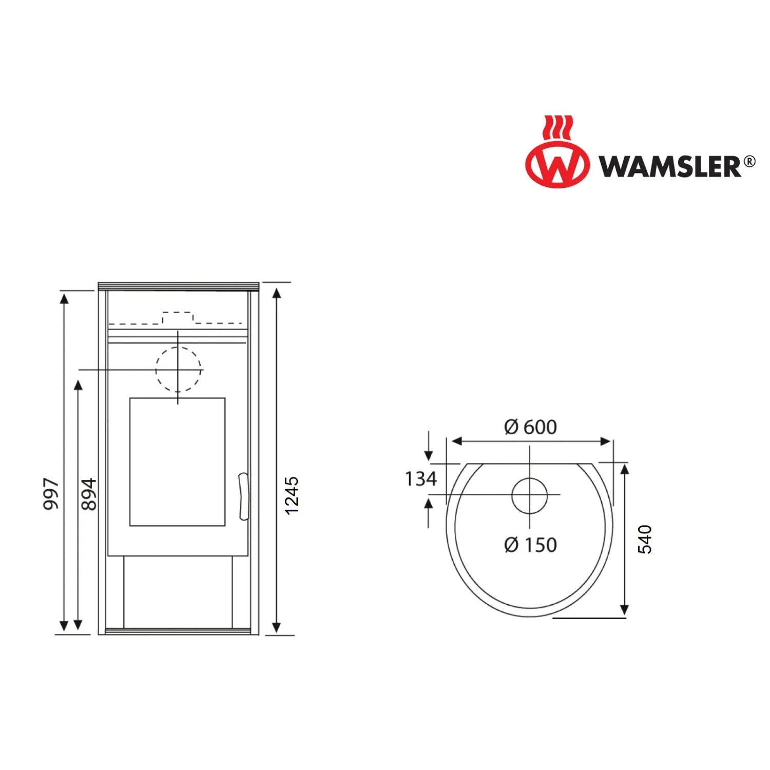 Technische Zeichnung Wamsler Atlas Kaminofen Stahl Grau 8 kW mit Maßen.