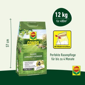 Compo Rasen Langzeit-Dünger Perfect, 12 kg Packung für bis zu 480 m² Rasenfläche.