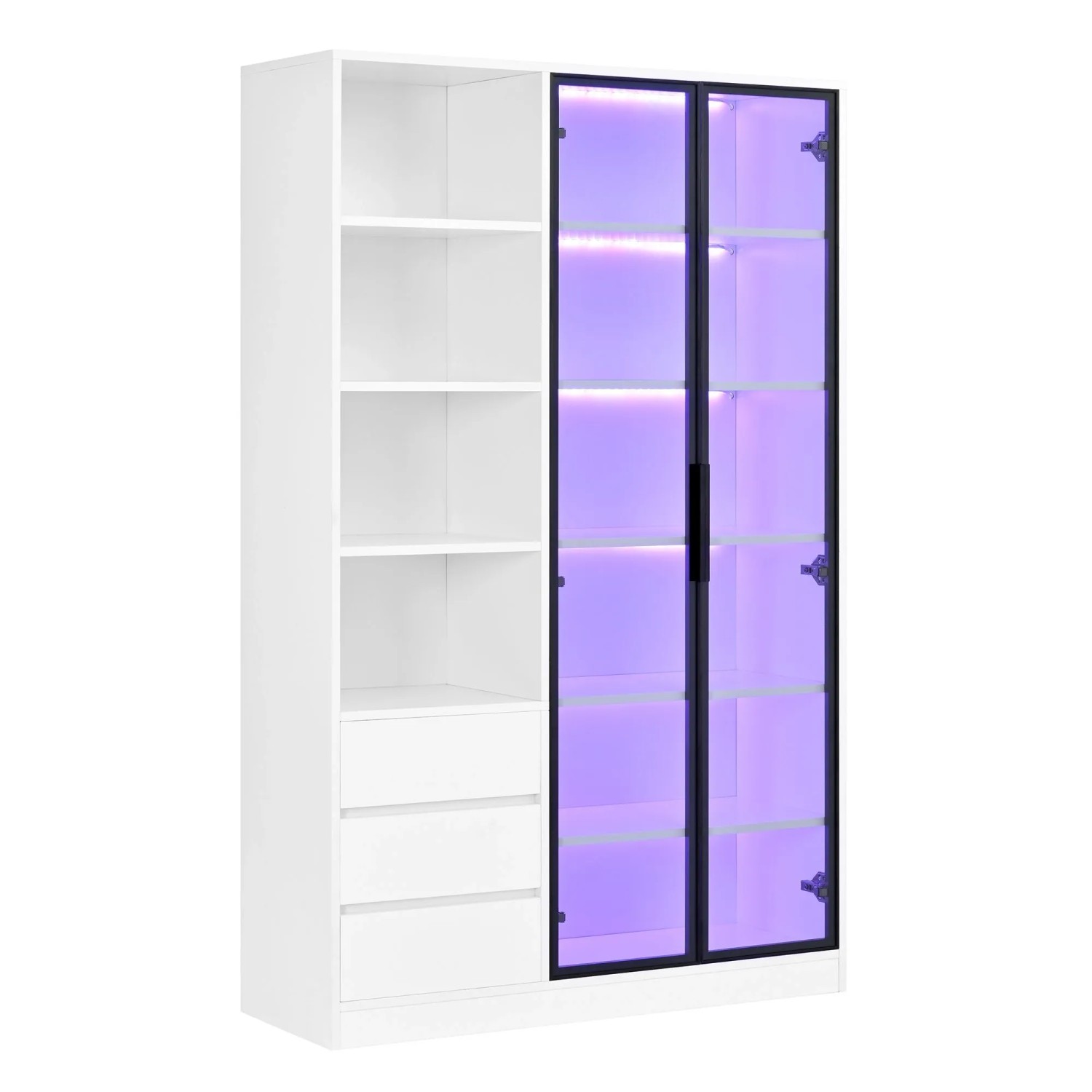 Merax Hochschrank Vitrine Weinschrank mit LED Glastüren 3 Schubladen Weiß
