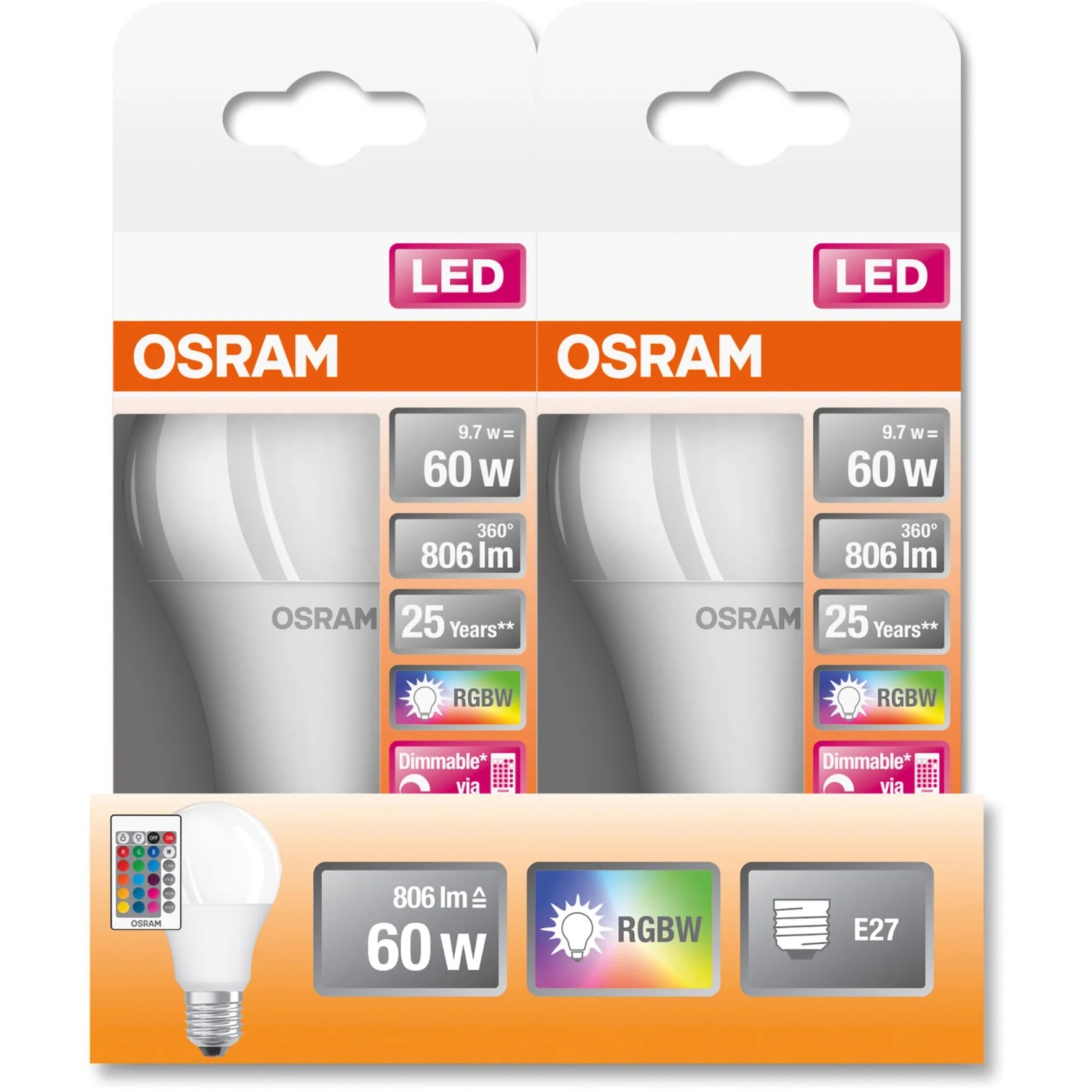 Osram E27 LED Leuchtmittel, Glühlampenform, 9,7W, dimmbar mit Fernbedienung, 2er-Pack.