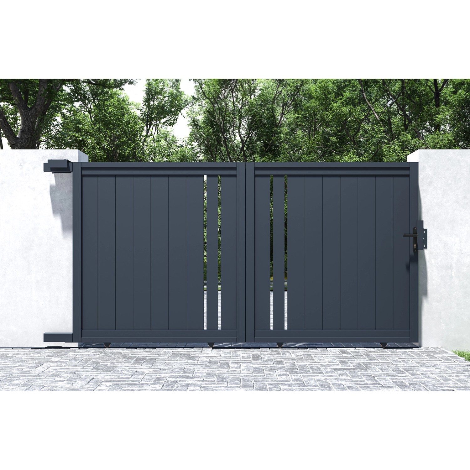 Graues Casanoov Aluminium Schiebetor Giona 3M, Ansicht von vorn.