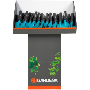 Gardena Blumenkellen im Display: Grau-blaue Gartenhandgeräte zum An- und Umpflanzen.