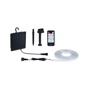 Solar LED Stripe Set mit 5m warmweißer Lichterkette, Solarpanel, Fernbedienung und Erdspieß.