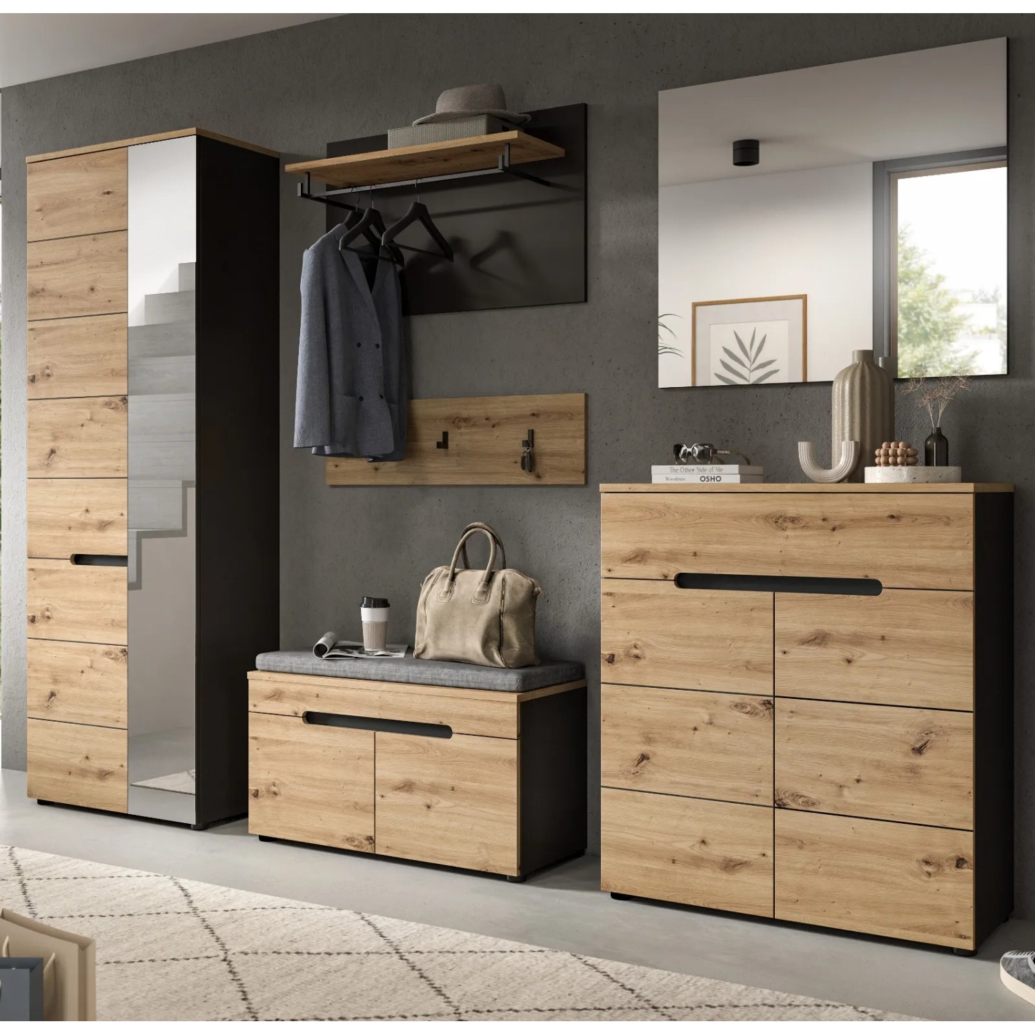 6-teiliges Garderoben-Set Cooper in Eiche Grau mit Spiegel, Schuhschrank, Bank, Paneel und Kommode.