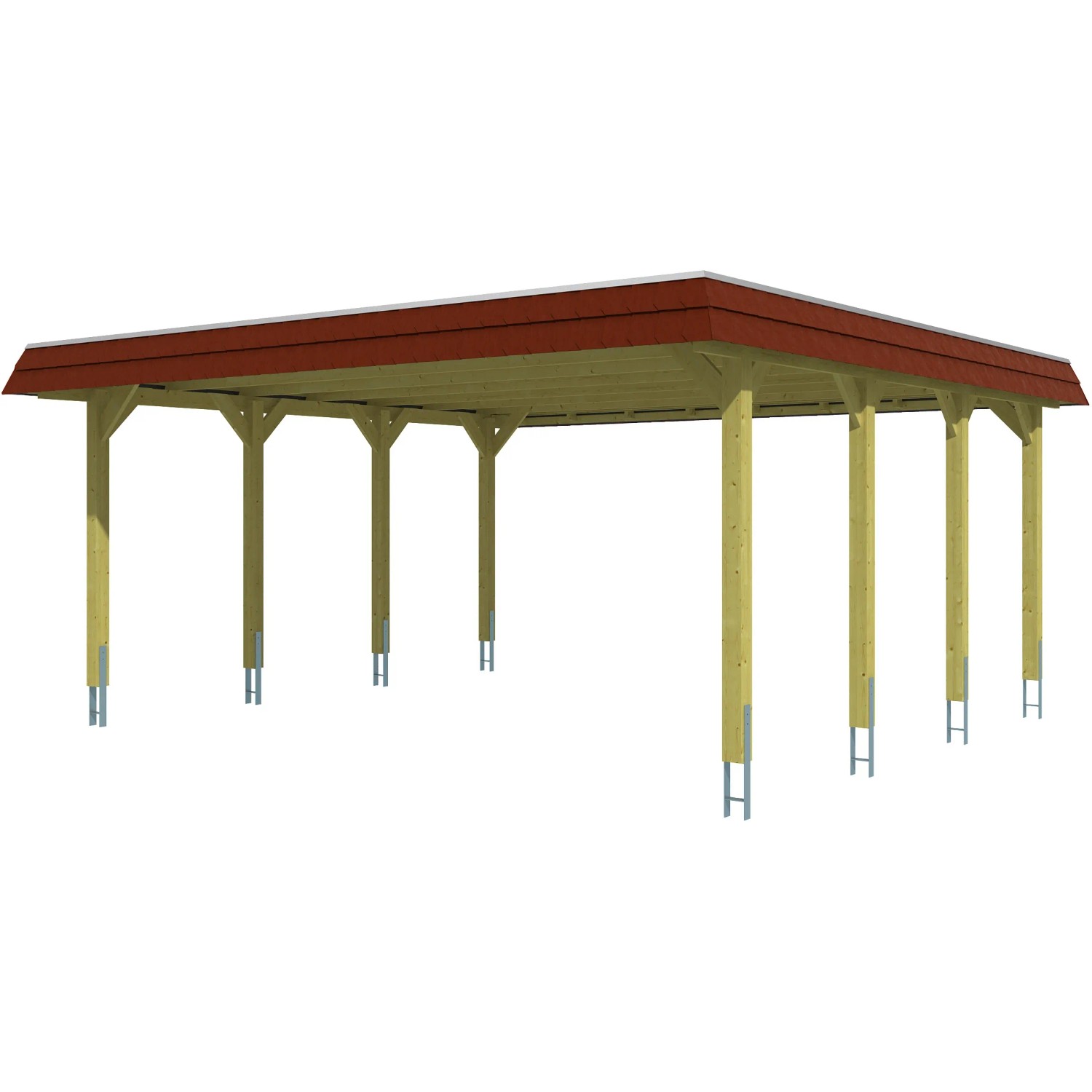 Skan Holz Carport Spreewald mit roter Blende, Doppelcarport aus Holz mit Flachdach und acht Pfosten.