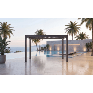 Anthrazitfarbene MWH E-Pergola 3x4m mit verstellbaren Lamellen und LED am Pool. Moderner Pavillon.
