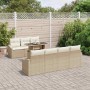 8-teiliges Garten-Sofa-Set aus Rattan in Beige mit Tisch und Kissen.