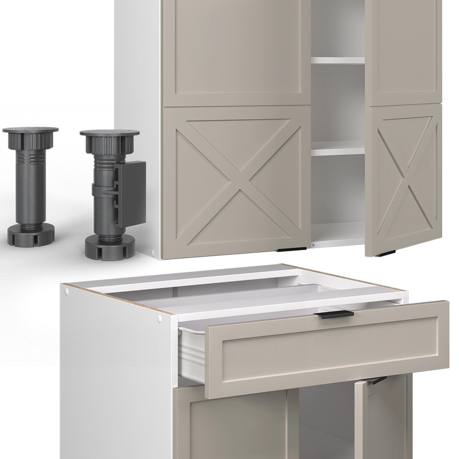 Vicco Fame-Line Singleküche, grau-beige/weiß, 140 cm, ohne Arbeitsplatte. Details der Küchenzeile.