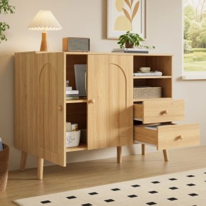 Helles Merax Sideboard mit 2 gewölbten Türen, 2 Schubladen und offenen Fächern. Moderner Wohnzimmerschrank mit Holzfüßen.