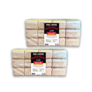 Zwei Folienpacks PINI RUF Buchen-Hartholzbriketts, je 10 kg, für Kamin, Ofen oder Grill. Hellbraune, rechteckige Brennholz-Briketts.