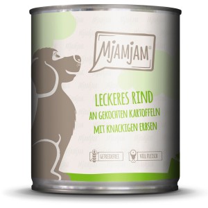 Mjamjam Nassfutter Rind mit Kartoffeln und Erbsen, 800g Dose für Hunde.