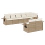 Beige 8-tlg. Garten-Sofagarnitur aus Poly Rattan mit Kissen.