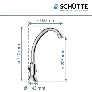 Schütte Stand-Schwenkventil Carneo Chrom, Maße: Höhe 240 mm, Ausladung 160 mm, Auslaufhöhe 205 mm, Durchmesser 45 mm.