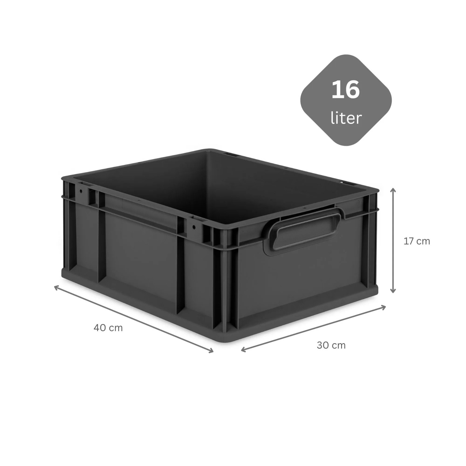 Schwarze PROREGAL Eurobox Nextgen, 16 Liter, mit Griffen und Maßangaben. Aufbewahrungsbox für Lager und Transport.