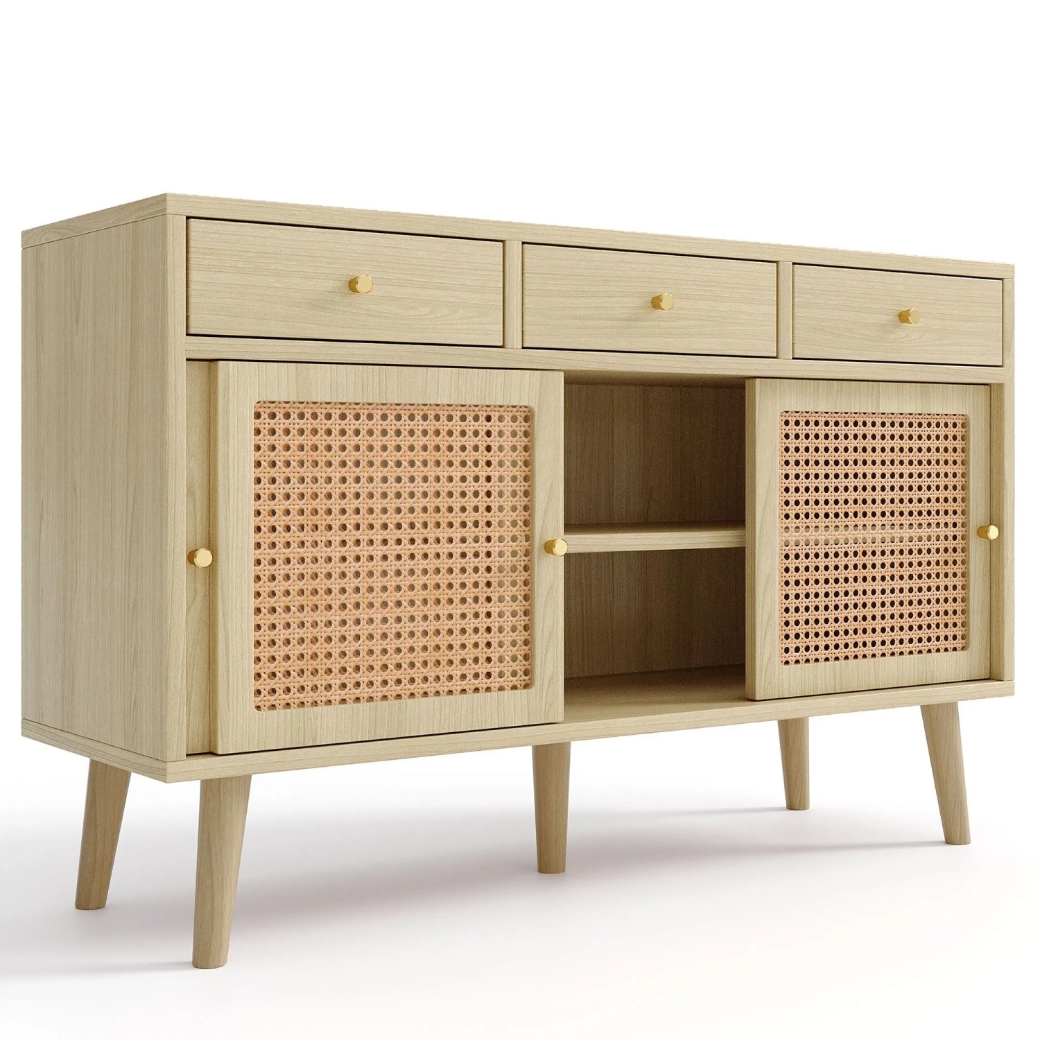 okwish Sideboard mit 3 Schubladen 3 Schiebetüren Rattan Wohnzimmer 120x78x40cm Natur
